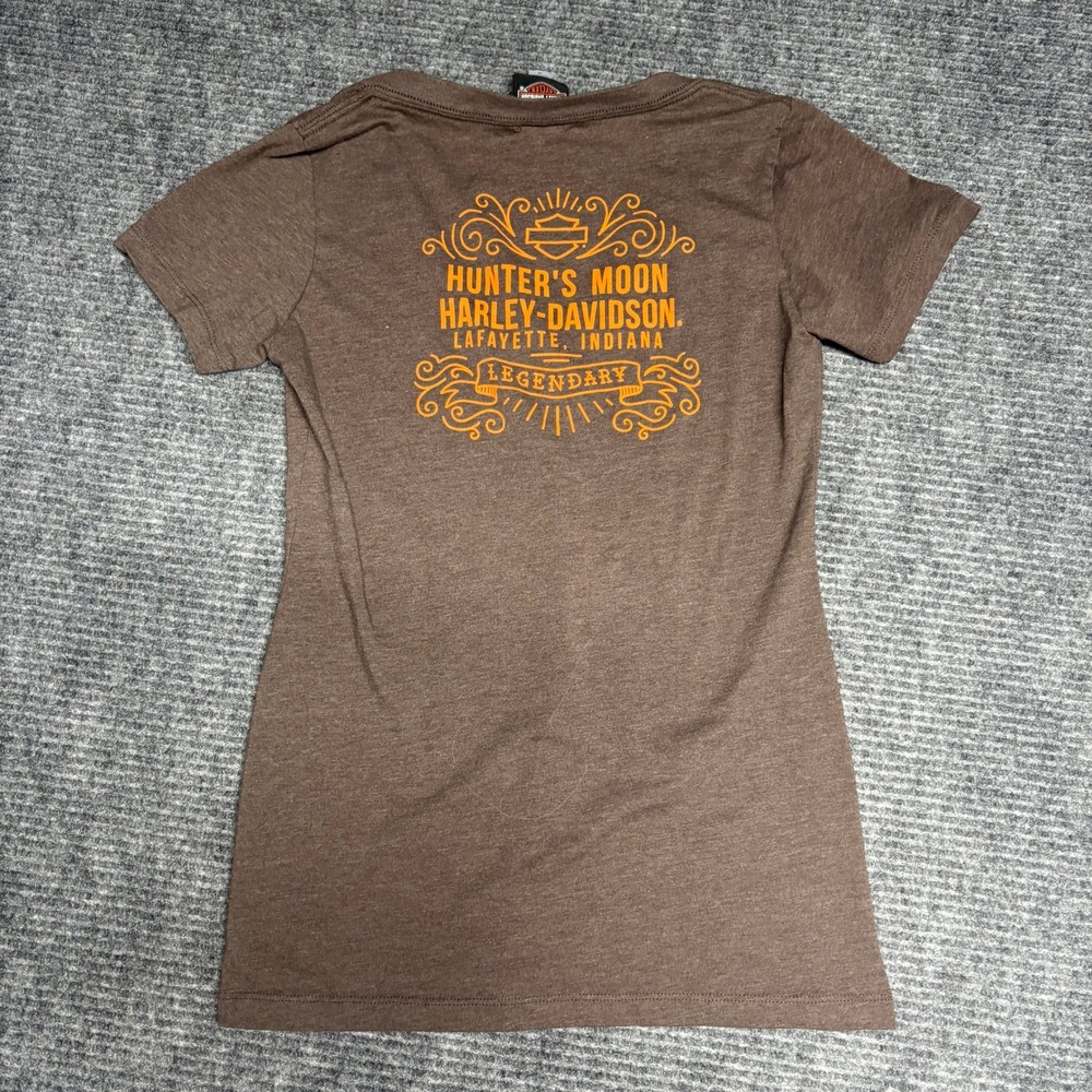 Harley Davidson Womens T Shirt Brown V Neck Short Sleeve Hunter Moon Lafayette - Picture 5 of 5